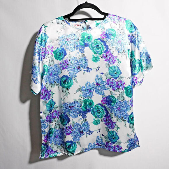 VTG Rodier 100% Silk Satin Floral Blouse Top Flowers Teal Blue Purple Modest‎ L - Picture 1 of 4